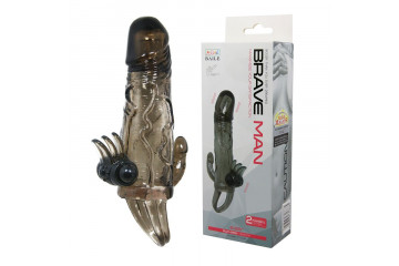 Дымчатая удлиняющая насадка с вибрацией и отростком для преданусного массажа