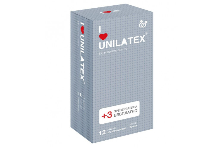 Презервативы с точками Unilatex Dotted - 12 шт. + 3 шт. в подарок