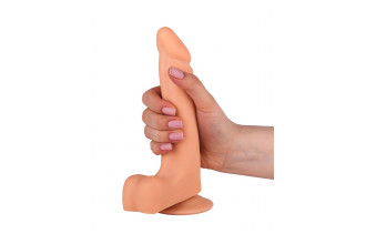 Телесный фаллоимитатор с мошонкой на присоске - 19 см.