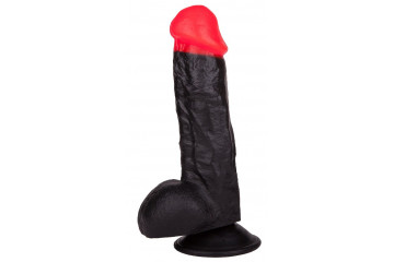Чёрный фаллоимитатор с красной головкой - 17 см.