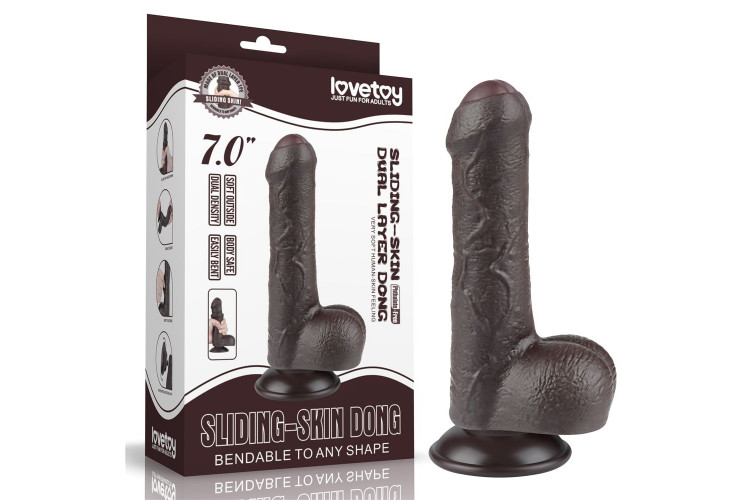 Коричневый фаллоимитатор 7 Sliding Skin Dual Layer Dong на присоске - 18,3 см.