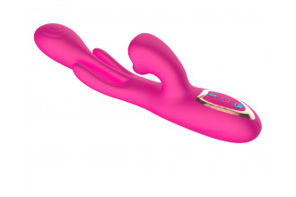 Розовый вибратор со стимуляцией клитора и фингерингом - 23,5 см.
