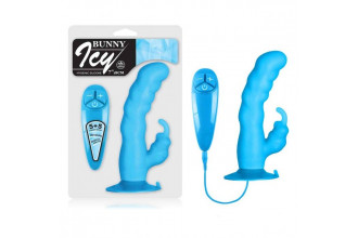 Голубой вибратор с клиторальным стимулятором BUNNY ICY - 18 см.
