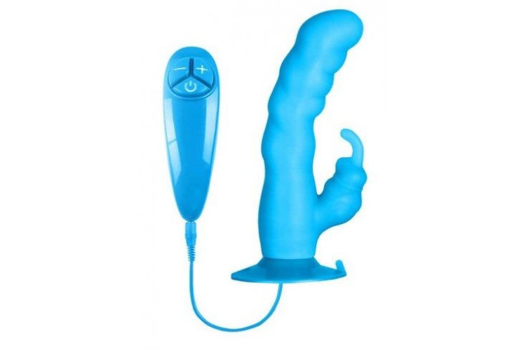 Голубой вибратор с клиторальным стимулятором BUNNY ICY - 18 см.