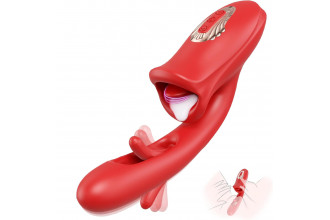 Красный вибратор с функциями фингеринга и лизания - 25,1 см.