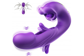 Фиолетовый вибратор с функциями фингеринга и лизания - 17,5 см.