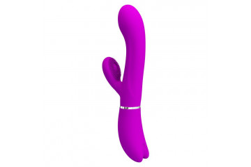 Лиловый вибратор-кролик с подвижной клиторальной щеточкой Clitoris Vibrator - 20,8 см.