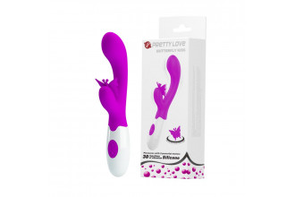 Лиловый вибратор с клиторальным стимулятором-бабочкой Butterfly Kiss - 19,9 см.