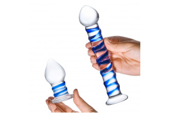 Набор из 2 стеклянных игрушек с синей спиралью Swirly Dildo & Buttplug Set