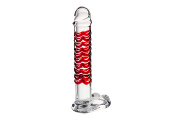 Стеклянный фаллос с мошонкой и рёбрышками - 16 см.