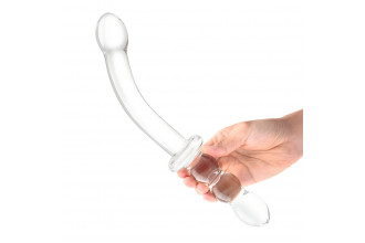 Изогнутый стеклянный фаллоимитатор 12’’ Girthy Ribbed G-Spot Glass Dildo With Handle Grip Double Ended - 30 см.