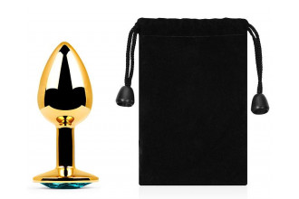 Золотистая анальная пробка с голубым стразом - 7,2 см.