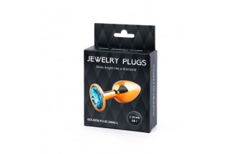 Золотистая анальная пробка с голубым стразом - 7,2 см.