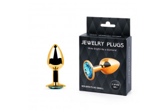 Золотистая анальная пробка с голубым стразом - 7,2 см.