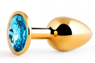 Золотистая анальная пробка с голубым стразом - 7,2 см.