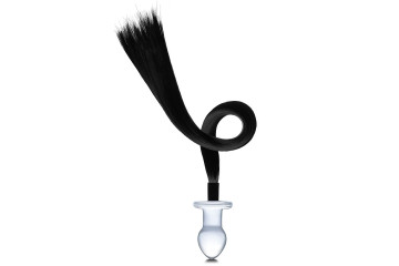 Стеклянная анальная пробка с черным конским хвостом