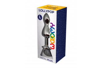 Серебристая анальная втулка Wooomy Lollypop L с прозрачным кристаллом - 10,5 см.