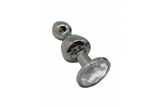 Серебристая анальная втулка Wooomy Lollypop L с прозрачным кристаллом - 10,5 см.