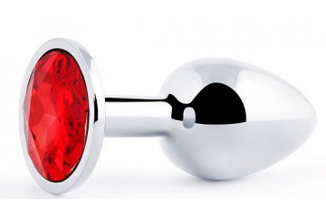 Серебристая анальная пробка с красным стразом - 7,2 см.
