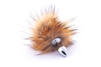 Серебристая анальная пробка с коричневым хвостиком