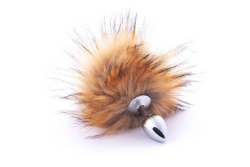 Серебристая анальная пробка с коричневым хвостиком