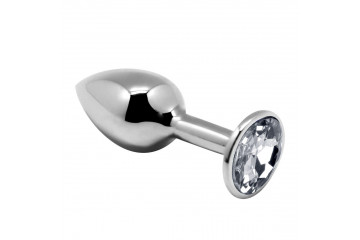 Серебристая анальная втулка с прозрачным кристаллом Mini Metal Butt Plug Size M - 8 см.