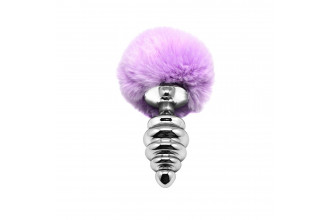 Серебристая анальная пробка с сиреневым мехом Metal Anal Fluffly Twist Plug L