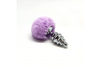 Серебристая анальная пробка с сиреневым мехом Metal Anal Fluffly Twist Plug L