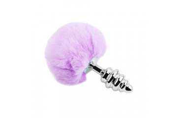 Серебристая анальная пробка с сиреневым мехом Metal Anal Fluffly Twist Plug L