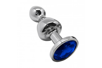 Серебристая анальная втулка Wooomy Lollypop L с синим кристаллом - 10,5 см.