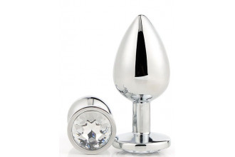 Серебристая анальная втулка с прозрачным кристаллом - 7,1 см.