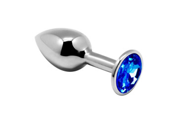 Серебристая анальная втулка с синим кристаллом Mini Metal Butt Plug Size M - 8 см.