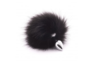 Серебристая анальная пробка с черным хвостиком из искусственного меха