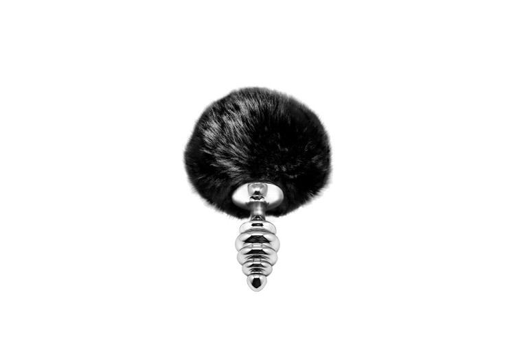 Серебристая анальная пробка с черным хвостиком Metal Anal Fluffly Twist Plug S
