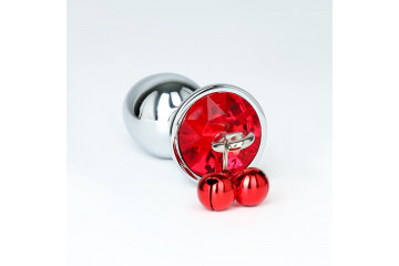 Серебристая анальная пробка с колокольчиками и красным кристаллом - 7 см.