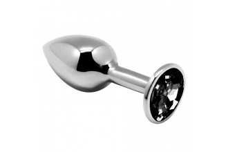 Серебристая анальная втулка с черным кристаллом Mini Metal Butt Plug Size M - 8 см.