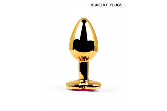 Золотистая анальная пробка с малиновым кристаллом - 9 см.