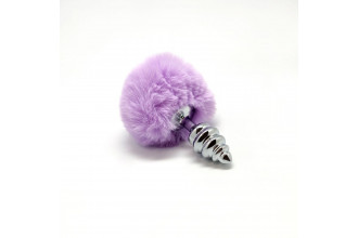Серебристая анальная пробка с сиреневым помпоном Metal Anal Fluffly Twist Plug S