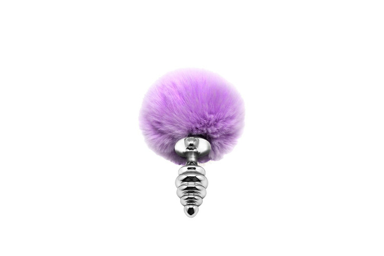 Серебристая анальная пробка с сиреневым помпоном Metal Anal Fluffly Twist Plug S