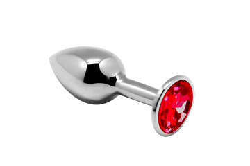 Серебристая анальная втулка Mini Metal Butt Plug Size M с красным кристаллом