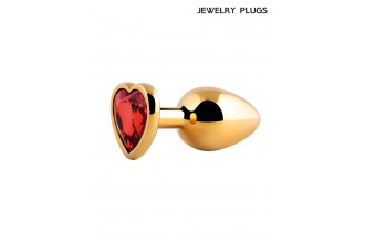 Золотистая анальная пробка с красным кристаллом - 9 см.