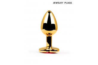 Золотистая анальная пробка с красным кристаллом - 9 см.