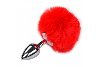 Серебристая анальная пробка с красным хвостиком Metal Anal Fluffy Size S