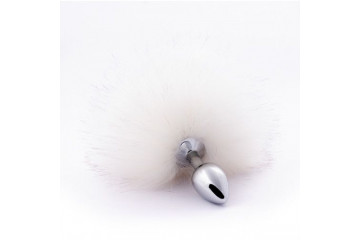 Серебристая металлическая анальная пробка с белым хвостиком