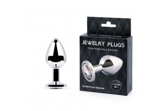 Анальная пробка SILVER PLUG MEDIUM с прозрачным кристаллом - 8,2 см.