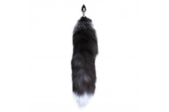 Серебристая анальная пробка с темным лисьим хвостом Black & White Fox Tail Size S