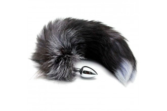 Серебристая анальная пробка с темным лисьим хвостом Black & White Fox Tail Size S