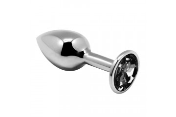 Серебристая анальная втулка с черным кристаллом Mini Metal Butt Plug Size S - 7 см.