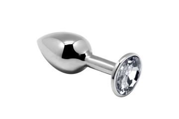 Серебристая анальная втулка с прозрачным кристаллом Mini Metal Butt Plug Size L - 9 см.