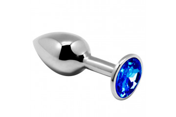 Серебристая анальная втулка с синим кристаллом Mini Metal Butt L - 9 см.